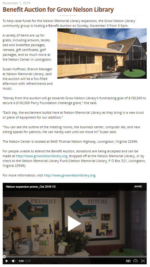 Nelson Benefit Auction and Video blog post